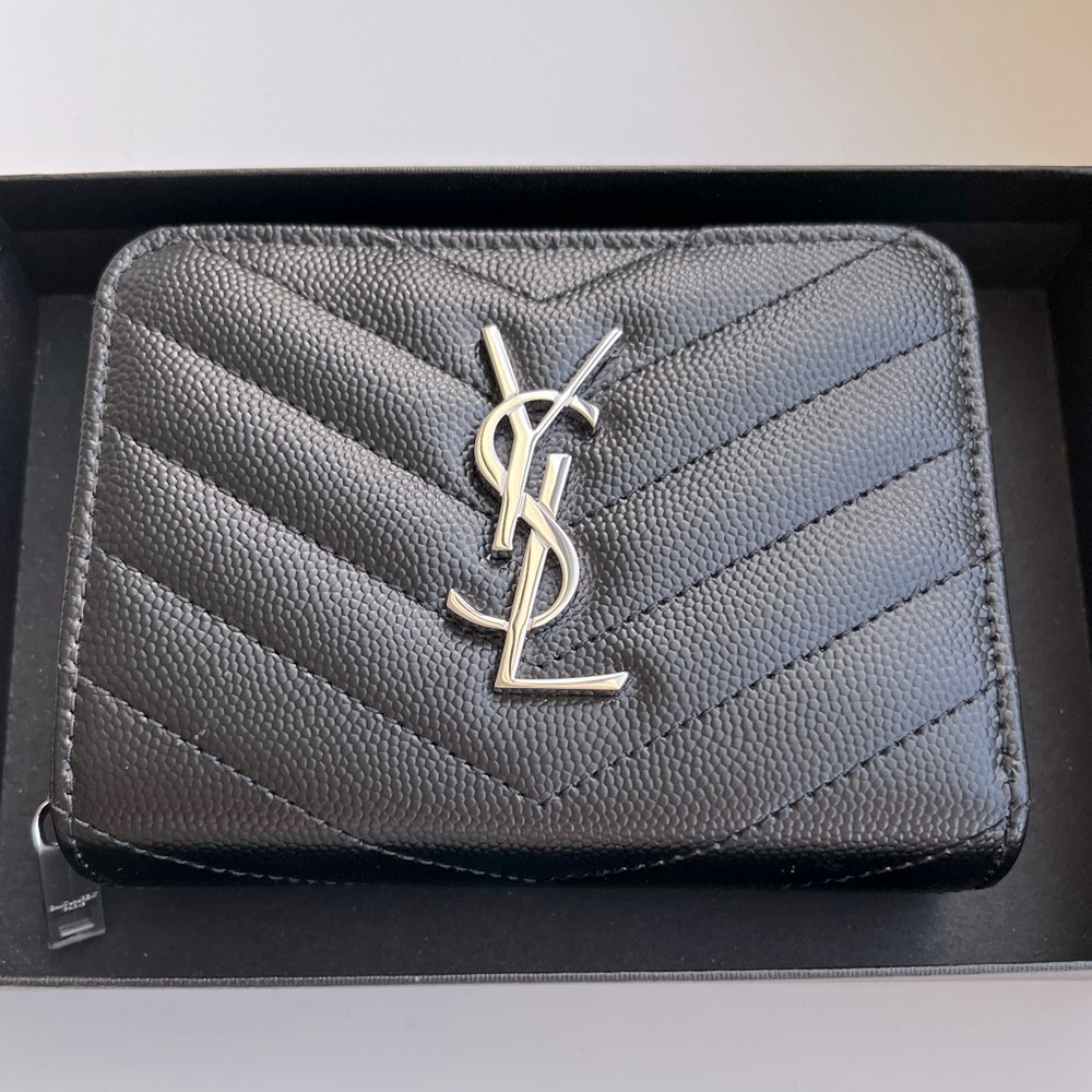 Yves Saint Laurent Black Grain de Poudre Leather Zip Around Wallet